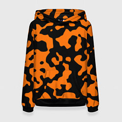 Толстовка-худи женская Чёрные абстрактные пятна на оранжевом фоне, цвет: 3D-черный