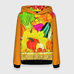 Толстовка-худи женская Плетеная корзина, полная фруктов и овощей, цвет: 3D-черный