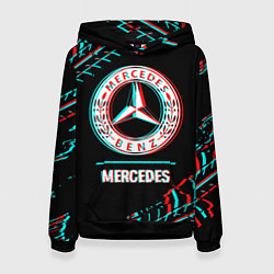 Толстовка-худи женская Значок Mercedes в стиле glitch на темном фоне, цвет: 3D-черный