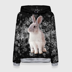 Толстовка-худи женская Кролик и пушистые снежинки, цвет: 3D-меланж