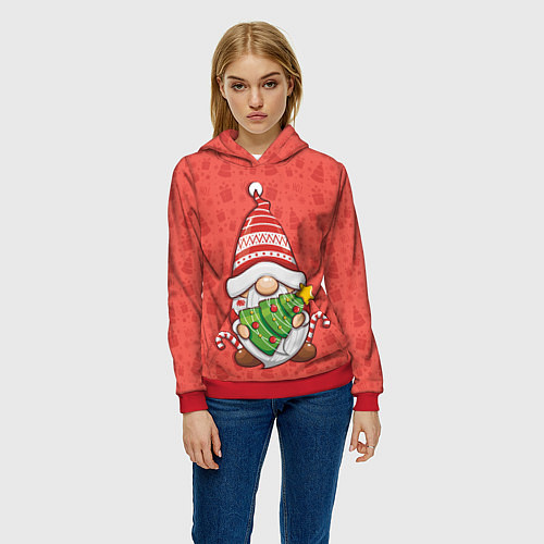 Женская толстовка Новогодний гномик с елкой / 3D-Красный – фото 3