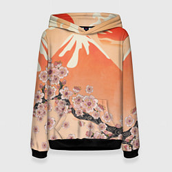 Толстовка-худи женская Ветка цветущей сакуры и вулкан, цвет: 3D-черный