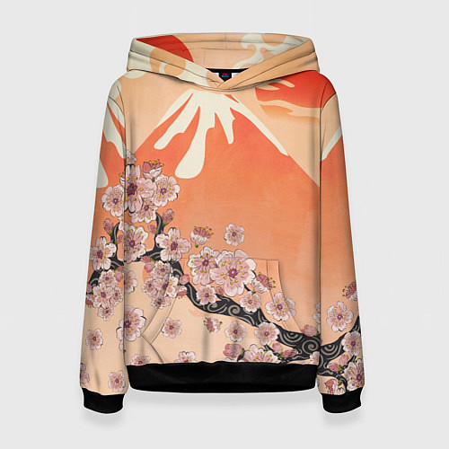 Женская толстовка Ветка цветущей сакуры и вулкан / 3D-Черный – фото 1
