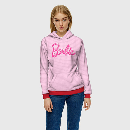 Женская толстовка Барби - логотип на клетчатом фоне / 3D-Красный – фото 3