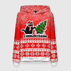 Толстовка-худи женская С новым годом - котик и ёлка, цвет: 3D-белый