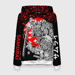 Толстовка-худи женская Самурай и сакура на черном фоне, цвет: 3D-белый