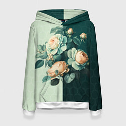 Толстовка-худи женская Розы на зеленом фоне, цвет: 3D-белый