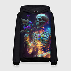 Толстовка-худи женская Светящийся скелет с цветами, цвет: 3D-черный