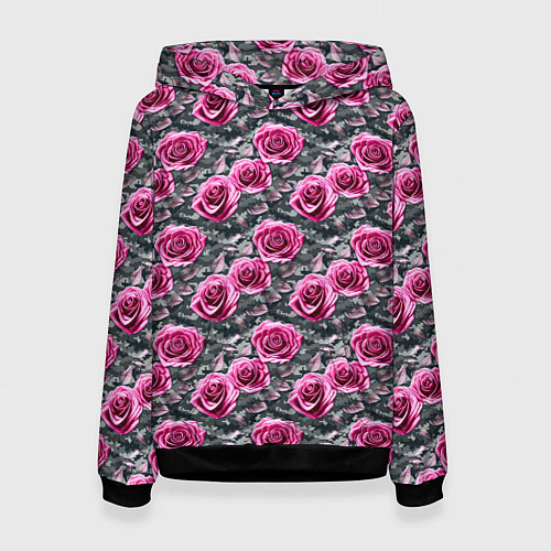 Женская толстовка Розовые розы с цифровым камуфляжем / 3D-Черный – фото 1