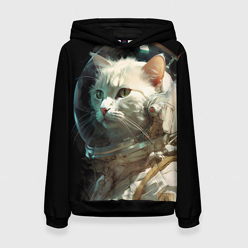 Женская толстовка Белый пушистый кот космонавт / 3D-Черный – фото 1