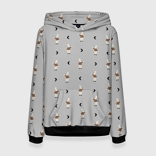 Женская толстовка Зайка и луна - паттерн серый / 3D-Черный – фото 1