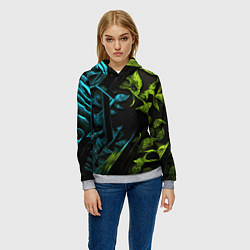 Толстовка-худи женская Зеленые и синие абстрактные листья, цвет: 3D-меланж — фото 2