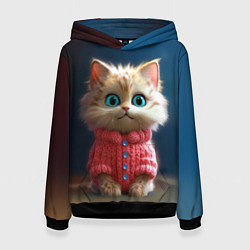 Толстовка-худи женская Котик в розовом свитере, цвет: 3D-черный