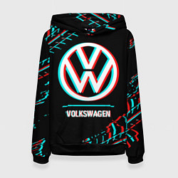 Толстовка-худи женская Значок Volkswagen в стиле glitch на темном фоне, цвет: 3D-черный