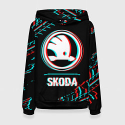 Толстовка-худи женская Значок Skoda в стиле glitch на темном фоне, цвет: 3D-черный