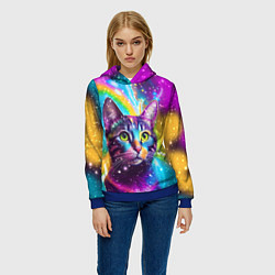 Толстовка-худи женская Полосатый кот с разноцветной звездной туманностью, цвет: 3D-синий — фото 2