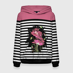 Толстовка-худи женская Розовые акварельные маки на полосатом фоне, цвет: 3D-черный