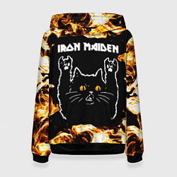 Толстовка-худи женская Iron Maiden рок кот и огонь, цвет: 3D-черный