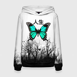 Толстовка-худи женская С бабочкой на фоне японского иероглифа, цвет: 3D-черный