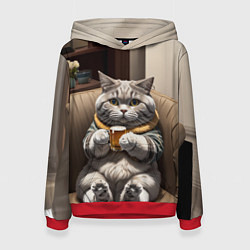 Толстовка-худи женская Кот сидит на диване с напитком, цвет: 3D-красный
