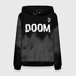 Толстовка-худи женская Doom glitch на темном фоне: символ сверху, цвет: 3D-черный