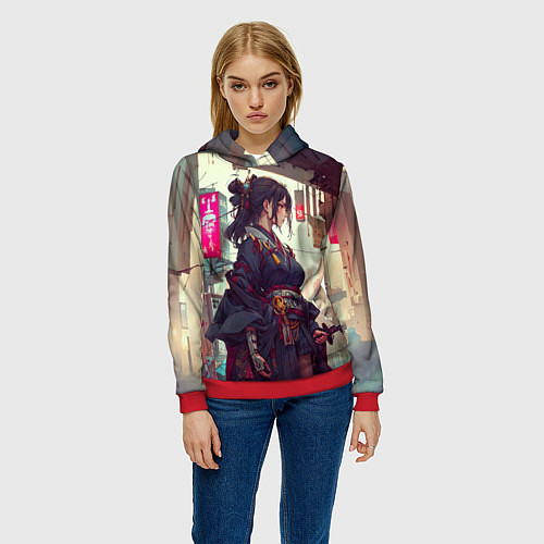 Женская толстовка Кибер самурай девушка / 3D-Красный – фото 3