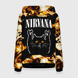 Толстовка-худи женская Nirvana рок кот и огонь, цвет: 3D-черный