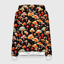 Толстовка-худи женская Разноцветный грибной паттерн, цвет: 3D-белый