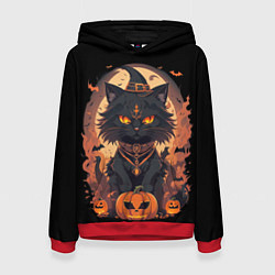 Толстовка-худи женская Черный кот в хеллоуине, цвет: 3D-красный