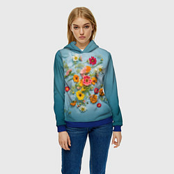 Толстовка-худи женская Букет полевых цветов на ткани, цвет: 3D-синий — фото 2