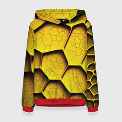 Толстовка-худи женская Желтые шестиугольники с трещинами - объемная текст, цвет: 3D-красный