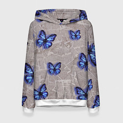 Толстовка-худи женская Газетные обрывки и синие бабочки, цвет: 3D-белый