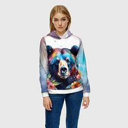 Толстовка-худи женская Портрет медведя гризли с цветами акварелью, цвет: 3D-белый — фото 2