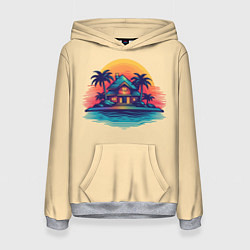 Толстовка-худи женская Дом и пальмы на фоне заката, цвет: 3D-меланж