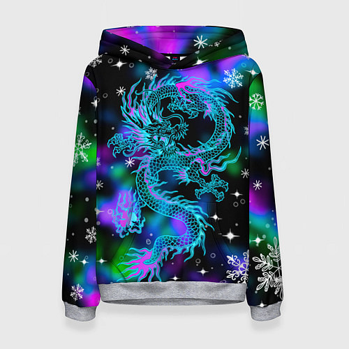 Женская толстовка Неоновый дракон в снежинках / 3D-Меланж – фото 1