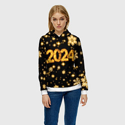 Толстовка-худи женская Новый 2024 год - золотые снежинки, цвет: 3D-белый — фото 2