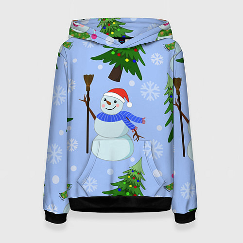 Женская толстовка Снеговики с новогодними елками паттерн / 3D-Черный – фото 1