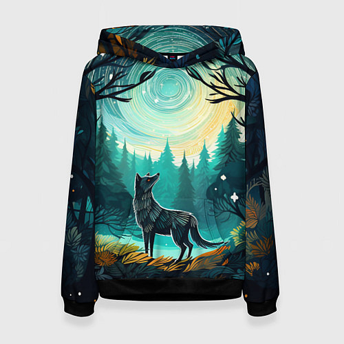 Женская толстовка Волк в ночном лесу фолк-арт / 3D-Черный – фото 1