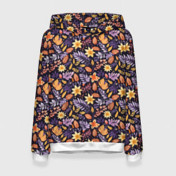 Толстовка-худи женская Паттерн из листочков и цветочков, цвет: 3D-белый