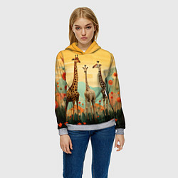 Толстовка-худи женская Три жирафа в стиле фолк-арт, цвет: 3D-меланж — фото 2