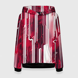 Толстовка-худи женская Киберпанк полосы белый и красный, цвет: 3D-черный