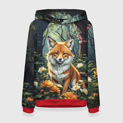 Толстовка-худи женская Лисица в лесу в цветах, цвет: 3D-красный