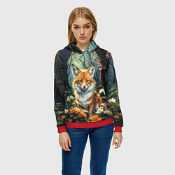 Толстовка-худи женская Лисица в лесу в цветах, цвет: 3D-красный — фото 2