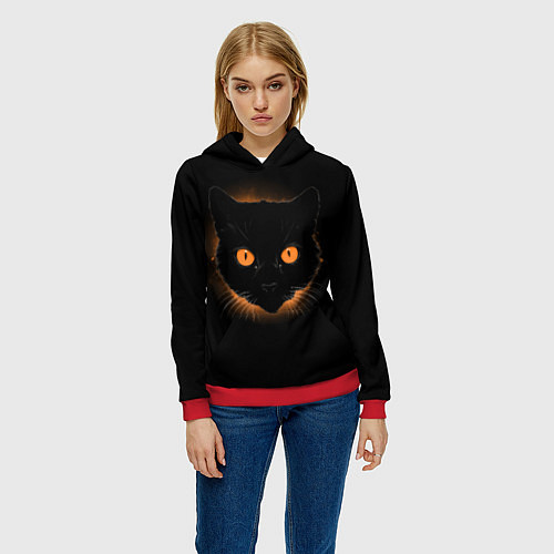 Женская толстовка Портрет черного кота в оранжевом свечении / 3D-Красный – фото 3