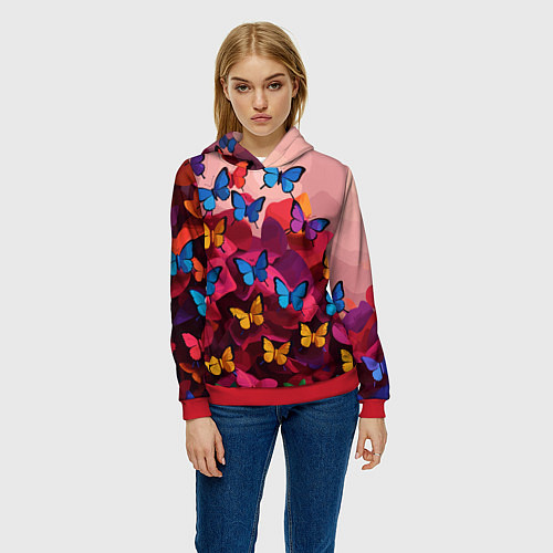Женская толстовка Разноцветные бабочки - розовые цветы / 3D-Красный – фото 3