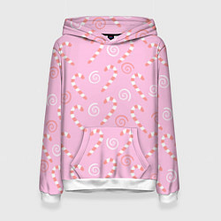 Толстовка-худи женская Новогодний леденец-трость, цвет: 3D-белый