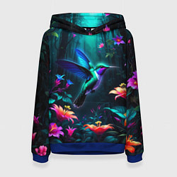 Толстовка-худи женская Колибри в темном лесу, цвет: 3D-синий