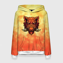 Толстовка-худи женская Огненный дикий кабан на фоне пламени, цвет: 3D-белый