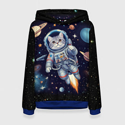 Толстовка-худи женская Крутой котик в открытом космосе - нейросеть, цвет: 3D-синий