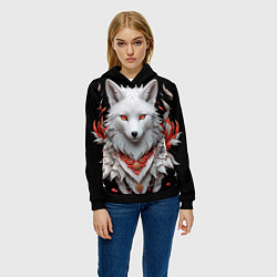 Толстовка-худи женская Белая лисица - кицунэ, цвет: 3D-черный — фото 2
